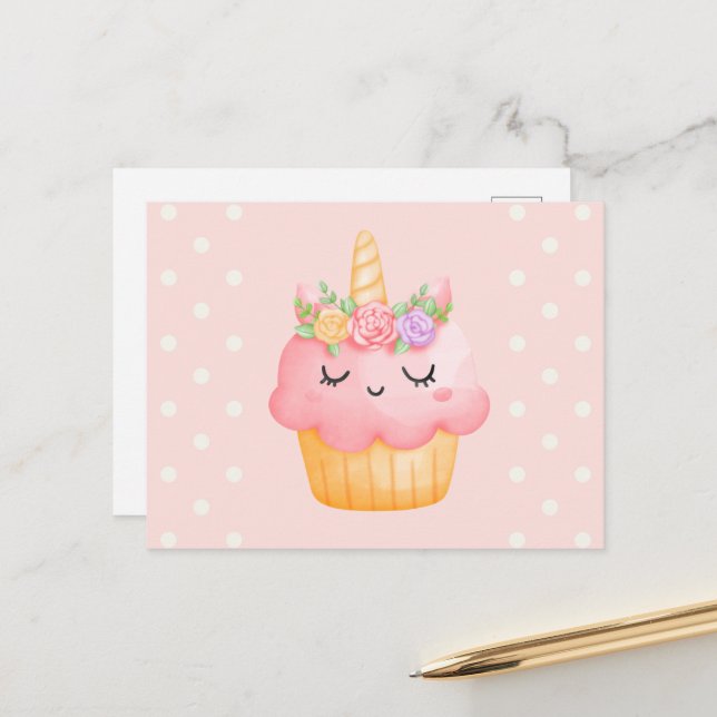 Cute Pink Cupcake Unicorn with Roses Postcard (Front/Back In Situ)