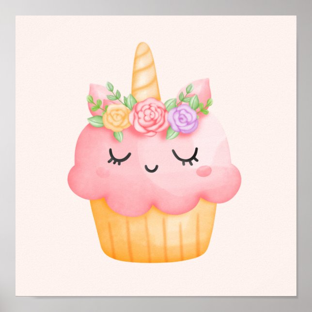 Cute Pink Cupcake Unicorn with Roses Poster (Front)