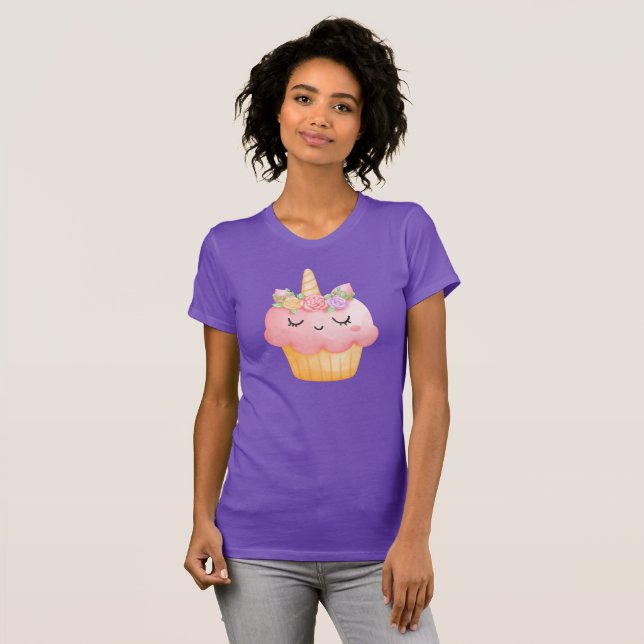  Cute Pink Cupcake Unicorn with Roses T-Shirt (Front Full)