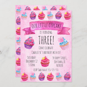 Cute Pink Cupcake Watercolor Girl's Birthday Invitation