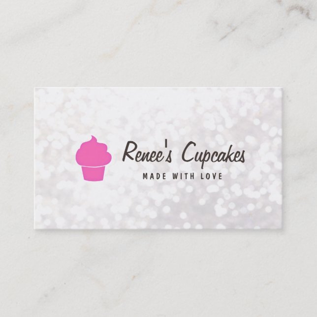 Cute Pink Cupcake White Bokeh Pastry Chef Business Card (Front)