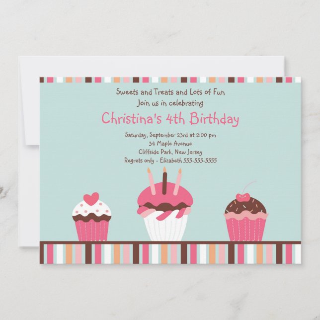 Cute Pink Cupcakes Birthday Party Invitation (Front)
