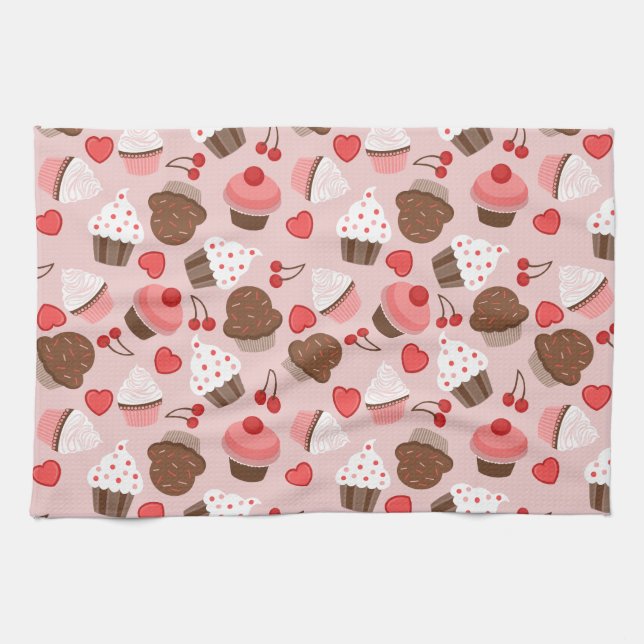 Cute Pink Cupcakes, Hearts And Cherries Pattern Tea Towel (Horizontal)