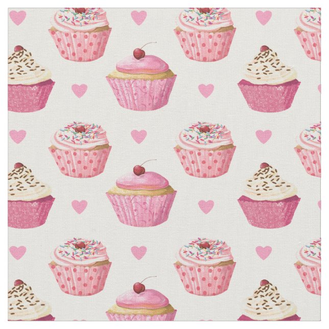 Cute Pink Cupcakes Print Fabric (Close Up)
