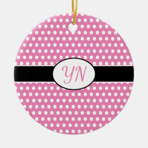 Cute Pink Custom initials Polka Dot Ceramic Tree Decoration