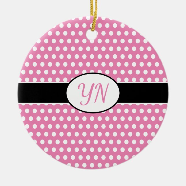 Cute Pink Custom initials Polka Dot Ceramic Tree Decoration (Front)
