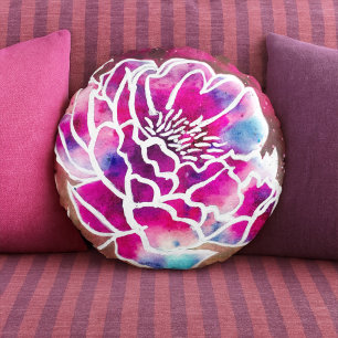 Cute Pink Dahlia Girly Pretty Floral Watercolor Round Cushion