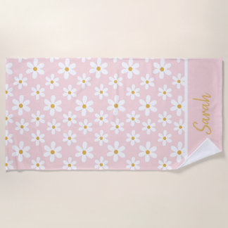 Cute Pink Daisies Custom Name Floral Personal Beach Towel