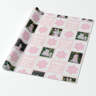 Cute Pink Daisy Chequerboard Photo Baby Shower Wrapping Paper