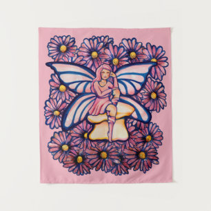 Cute Pink Daisy Fairy Mushroom Art Fairies         Tapestry