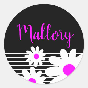 Cute Pink Daisy Flowers Black and White Name Classic Round Sticker