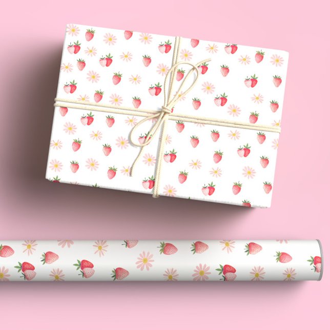 Cute Pink Daisy & Strawberries Pastel Watercolor  Wrapping Paper (Creator Uploaded)
