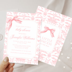 Cute pink damask bow ribbon baby shower invitation