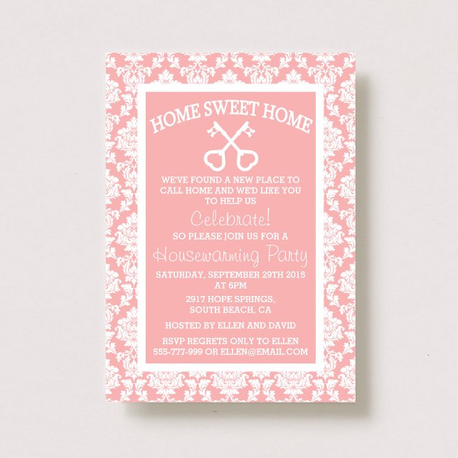 Cute Pink Damask Home Sweet Home Housewarming Invitation (Creator Uploaded)