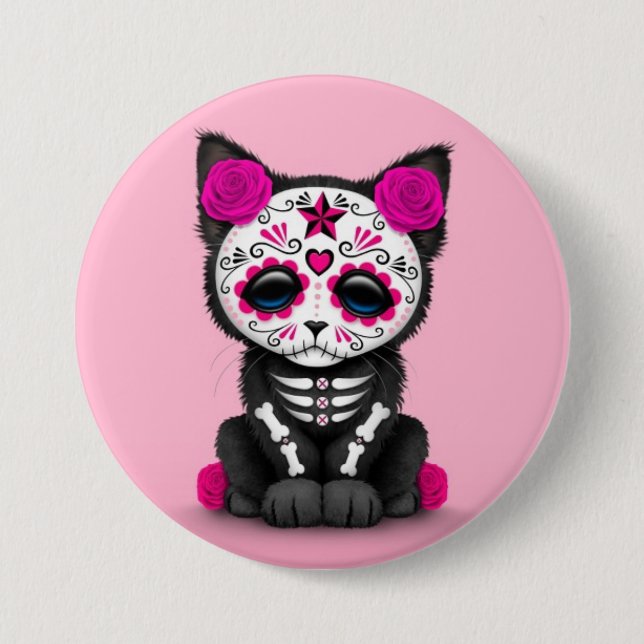 Cute Pink Day of the Dead Kitten Cat 7.5 Cm Round Badge (Front)