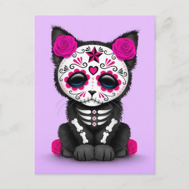 Cute Pink Day of the Dead Kitten Cat, purple Postcard (Front)