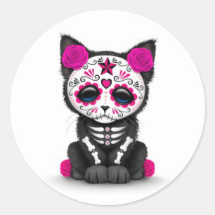 Cute Pink Day of the Dead Kitten Cat, white Classic Round Sticker