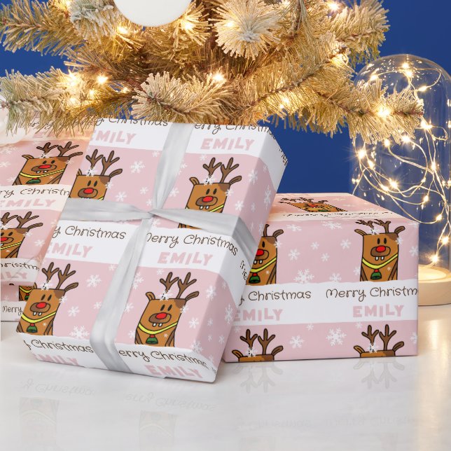 Cute Pink Deer Drawing Snowflakes Girl Christmas Wrapping Paper (Holidays)