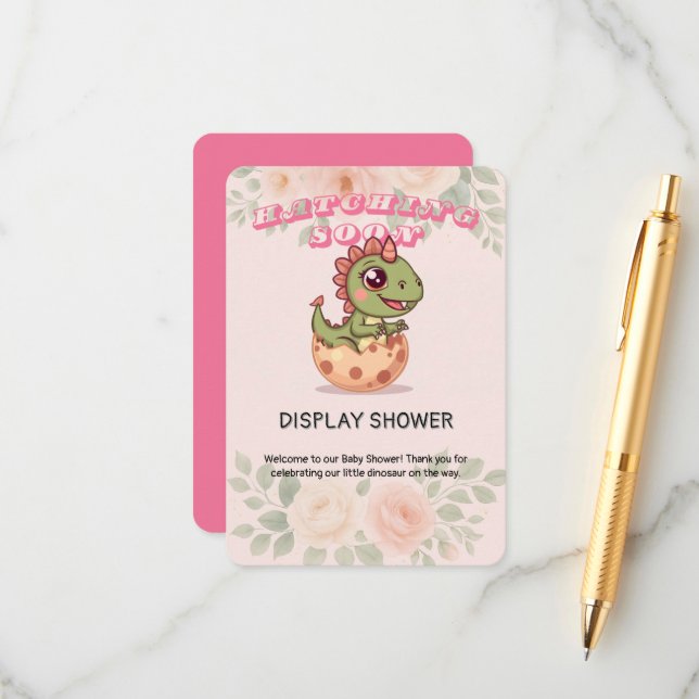 Cute Pink Dino Hatching Soon Enclosure Card (Front/Back In Situ)