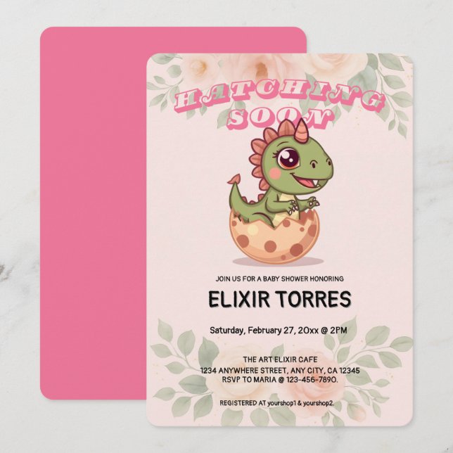 Cute Pink Dino Hatching Soon Invitation (Front/Back)