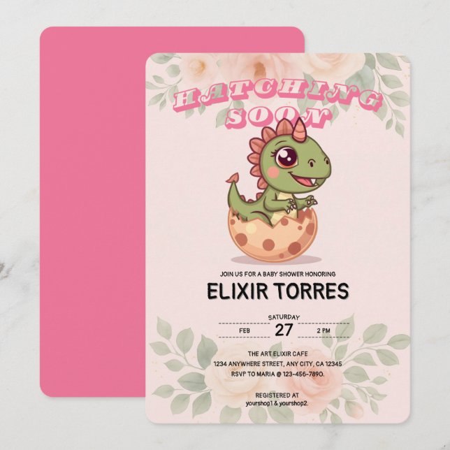 Cute Pink Dino Hatching Soon Invitation (Front/Back)