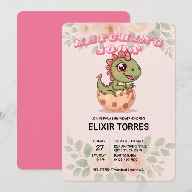 Cute Pink Dino Hatching Soon Invitation (Front/Back)