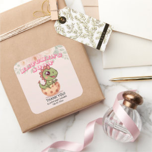 Cute Pink Dino Hatching Soon Square Sticker