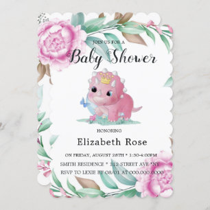 Cute Pink Dinosaur and Peony Baby Shower Invites
