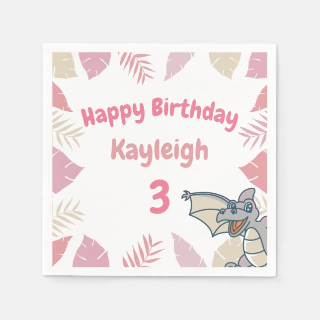 Cute Pink Dinosaur Dragon Birthday Napkin (Front)