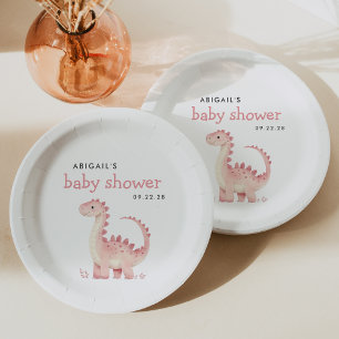 Cute Pink Dinosaur Girls Baby Shower Paper Plate