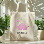Cute Pink Dinosaur Personalized Tote Bag<br><div class="desc">This girls' tote bag features a cute illustration of a pink dinosaur with long eyelashes. Personalize it with your child's name in black letters. Makes a great book bag!</div>