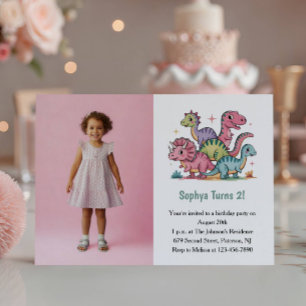 Cute Pink Dinosaur Photo Kids 2nd Birthday Party Invitation