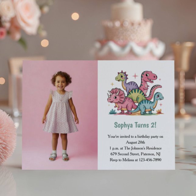 Cute Pink Dinosaur Photo Kids 2nd Birthday Party Invitation (Creator Uploaded)