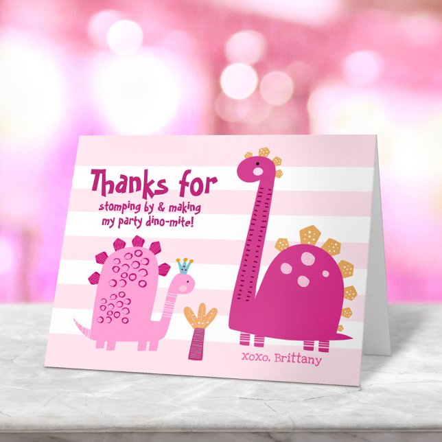 Cute Pink Dinosaurs Kawaii Whimsical Girl Birthday Thank You Card (Creator Uploaded)