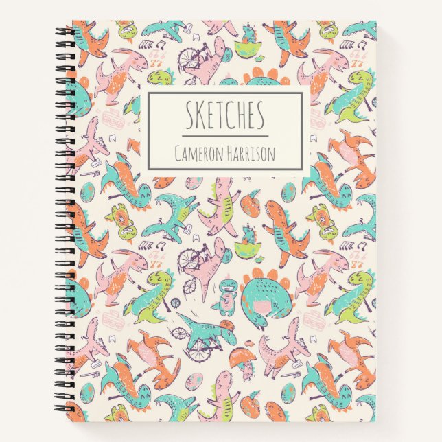 Cute Pink Dinosaurs Personalised Sketchbook Notebook (Front)