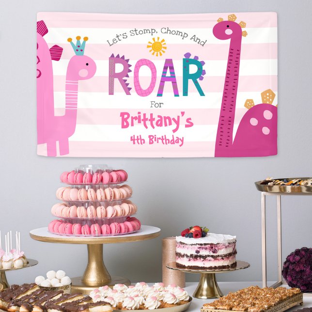 Cute Pink Dinosaurs Stomp Chomp Roar Girl Birthday Banner (Creator Uploaded)