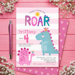 Cute Pink Dinosaurs Stomp Chomp Roar Girl Birthday Invitation<br><div class="desc">“Stomp, chomp and roar”. Here’s a great way to celebrate your child’s birthday with friends and family. Send out this cute, fun, simple, festive, modern, personalised birthday party invitation. A fun, whimsical, playful visual of a cute, bold, kawaii, pink brontosaurus, turquoise blue t-rex, and fun, handwritten typography over a light...</div>