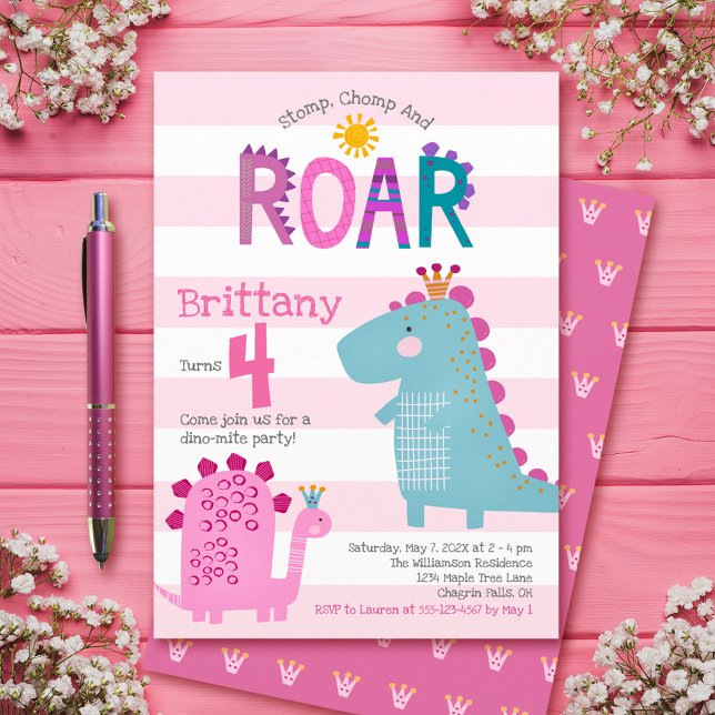 Cute Pink Dinosaurs Stomp Chomp Roar Girl Birthday Invitation (Creator Uploaded)