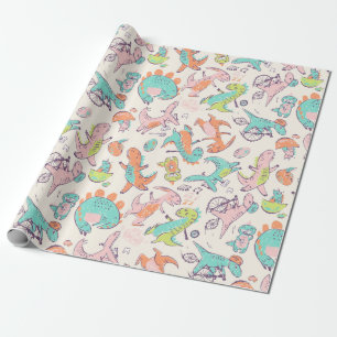 Cute Pink Dinosaurs Whimsical Pattern Wrapping Paper