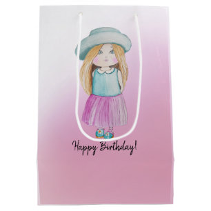 Cute Pink Doll Happy Birthday Watercolor Medium Gift Bag