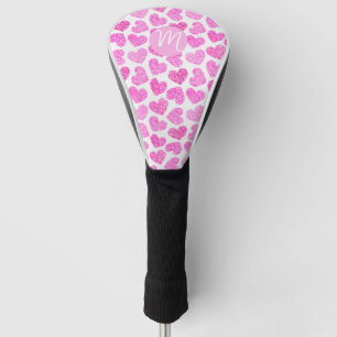Cute Pink Doodled Heart Valentine's Day Monogram Golf Head Cover