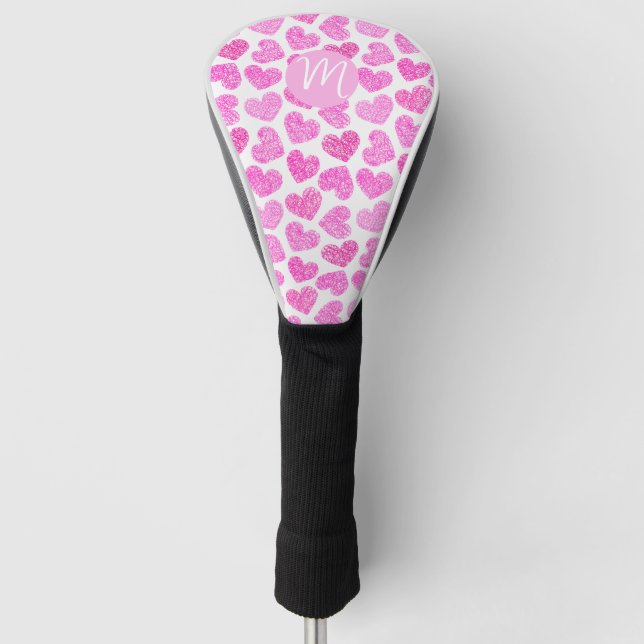 Cute Pink Doodled Heart Valentine's Day Monogram Golf Head Cover (Front)