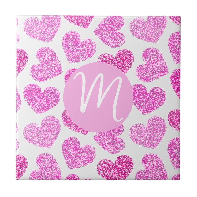 Cute Pink Doodled Heart Valentine's Day Monogram Tile (Front)