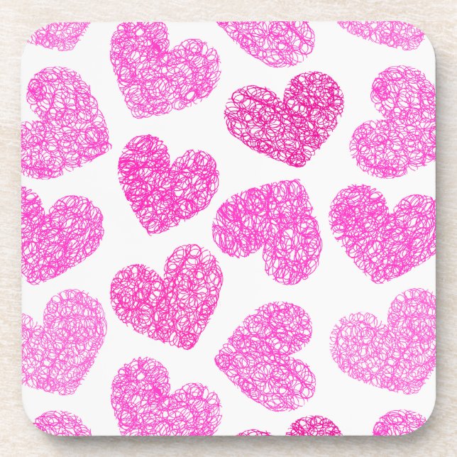 Cute Pink Doodled Heart Valentine's Day Pattern Coaster (Front)