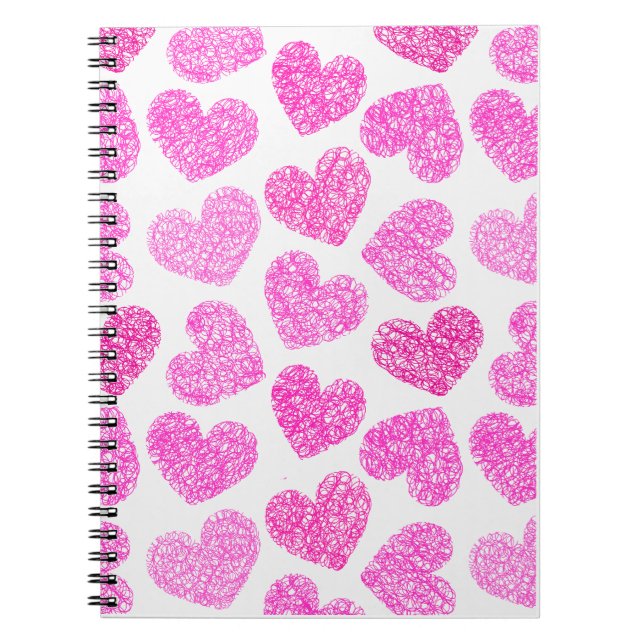 Cute Pink Doodled Heart Valentine's Day Pattern Spiral Notebook (Front)