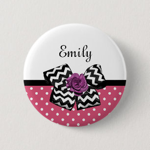 Cute Pink Dots Purple Rose Chevron Bow and Name 6 Cm Round Badge