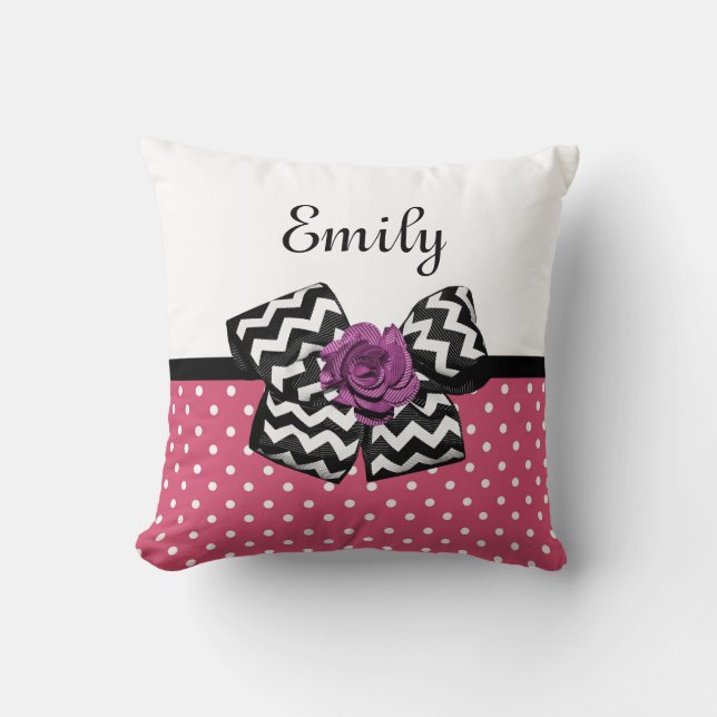 Cute Pink Dots Purple Rose Chevron Bow and Name Cushion (Front)