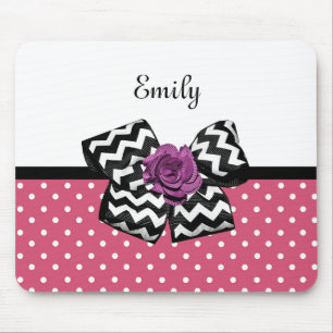 Cute Pink Dots Purple Rose Chevron Bow and Name Mouse Pad