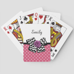 Cute Pink Dots Purple Rose Chevron Bow and Name Playing Cards