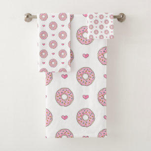 Cute Pink Doughnut and Hearts Pattern Bath Towel Set